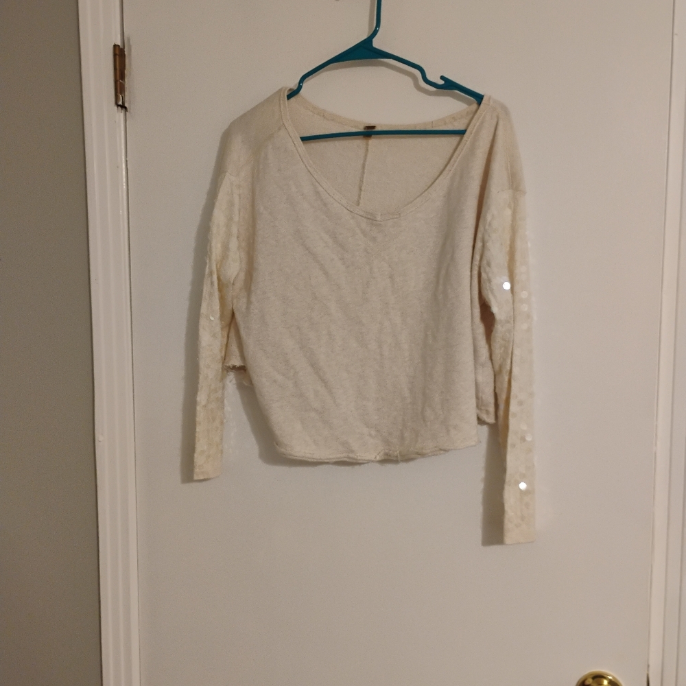 Free People Sequin Sleeve Crew Sweatshirt Sz Xs
